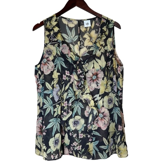 Cabi Osaka Nights Sleeveless Floral Chiffon Top Sz Large Ruffled Tropical #3265 - Picture 2 of 11
